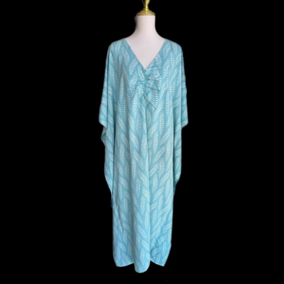 0109/ Pale Teal Leaf Pattern Kaftan, Long Kaftan - Picture 7 of 14